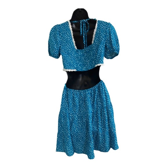 Puff sleeve crochet lace trim open back waist cutout blue teal short dress sizeM - Picture 2 of 14